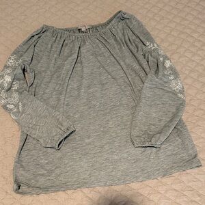 LOFT Light Gray Off-Shoulder Blouse with White Embroidery